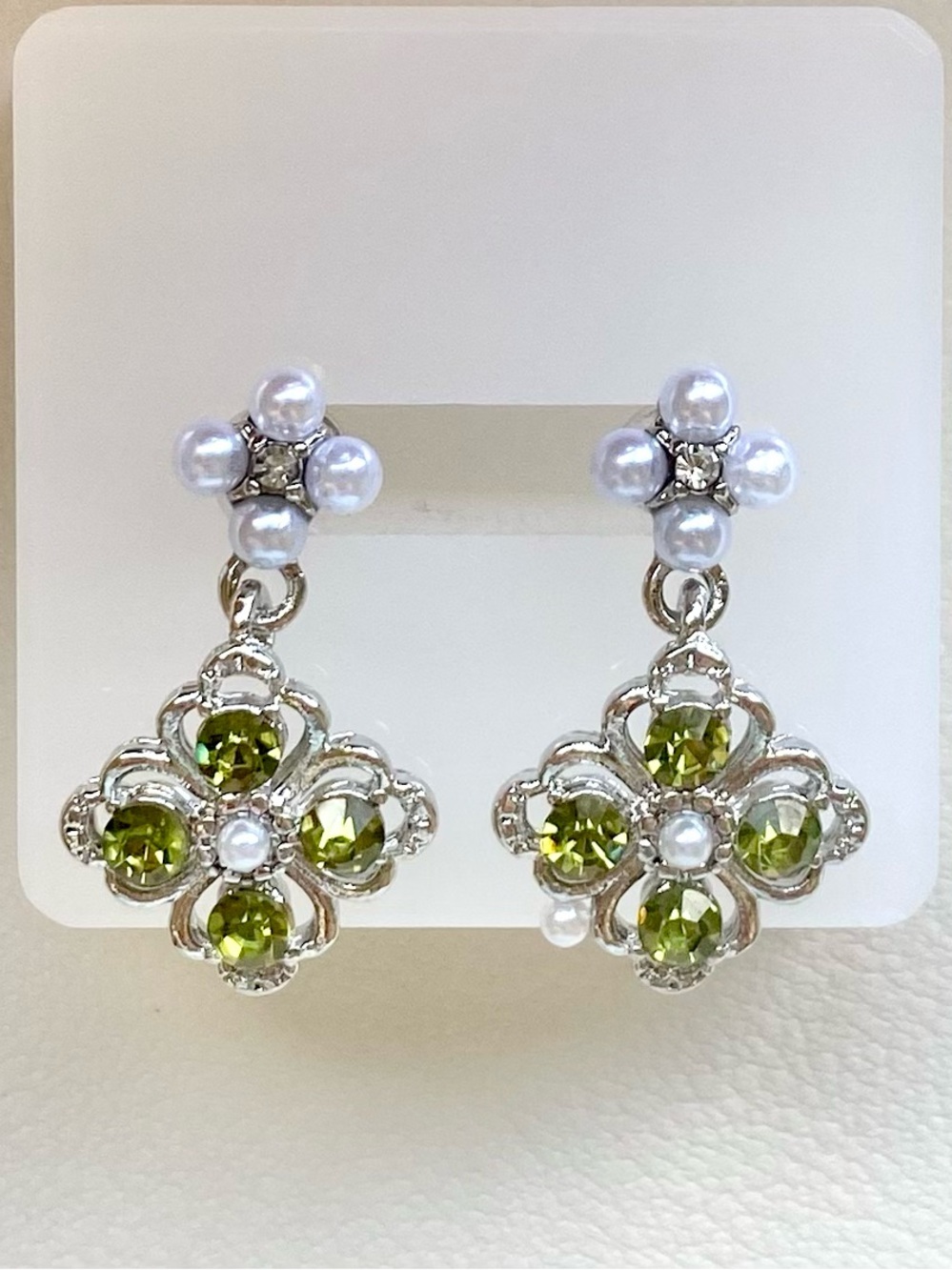 Pearl & Peridot Green Crystal Drop Earrings